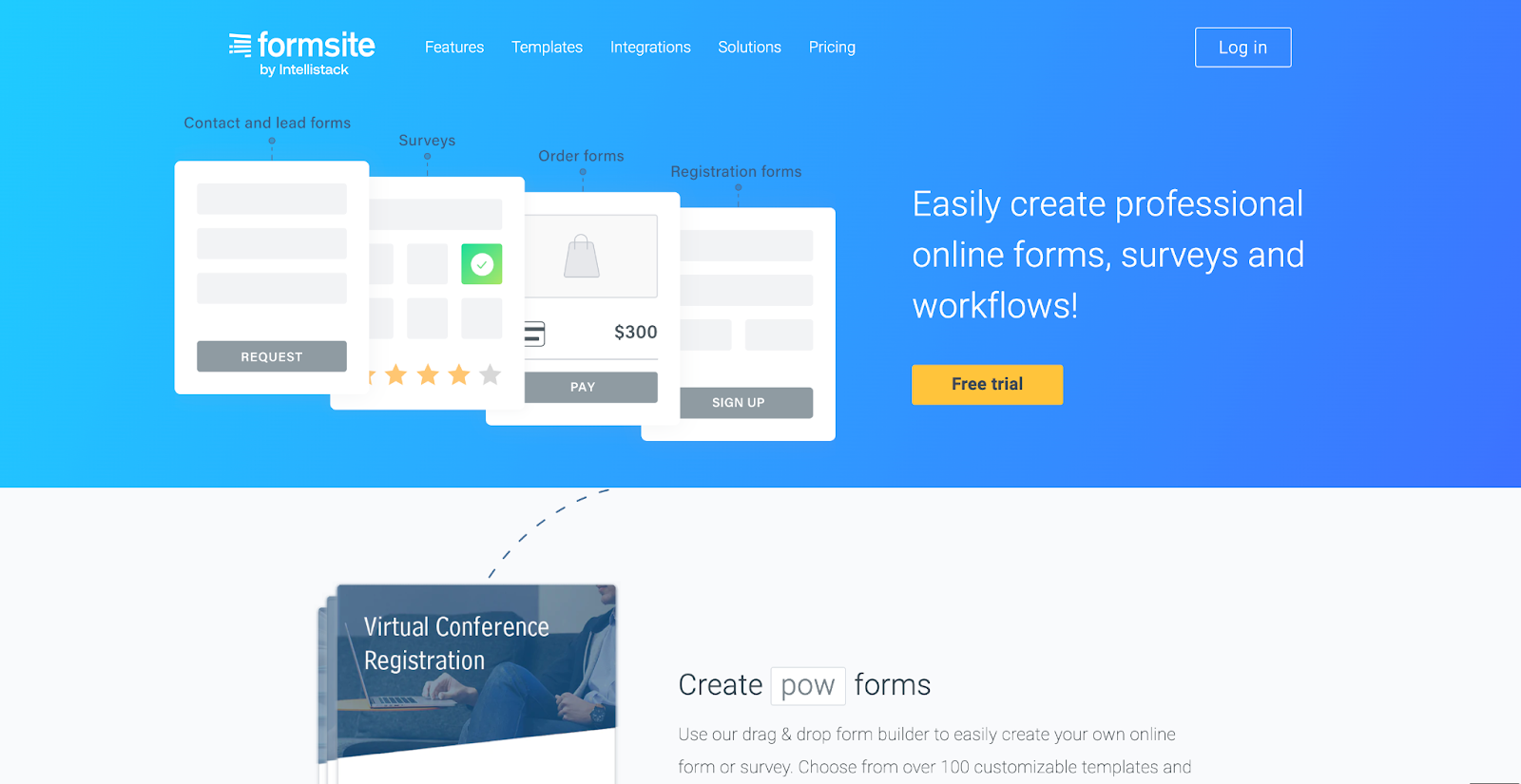 screenshot of formsite by installstack website homepage with the following words easily create professional online forms, surveys and workflows