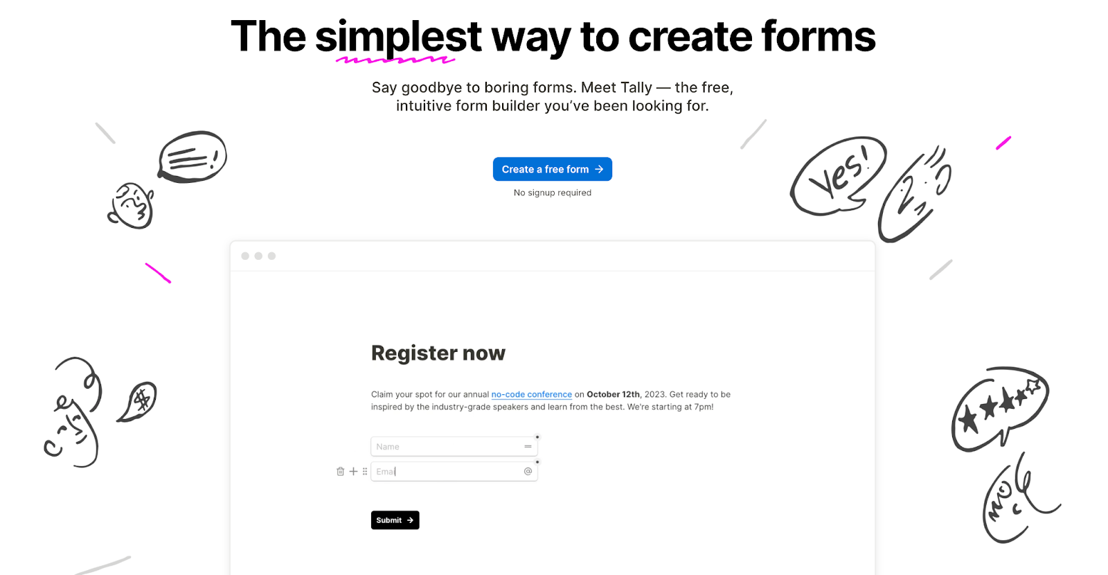screenshot of Tally website homepage homepage with the words simplest way to create forms