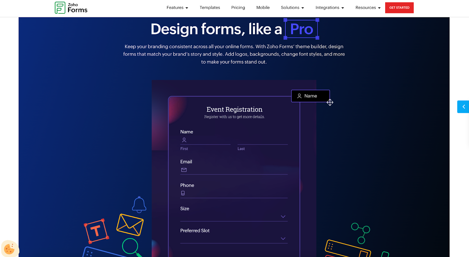 screenshot of zoho forms landing page showing and event registration form template