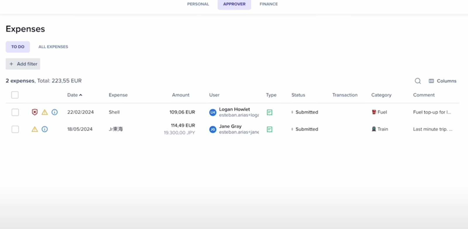 Approver’s dashboard on Rydoo