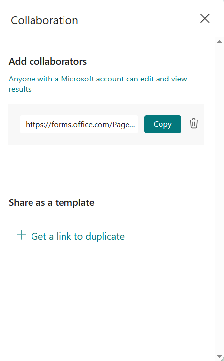 Screenshot of the "Collaboration" menu with a link inputted to the "Copy" box
