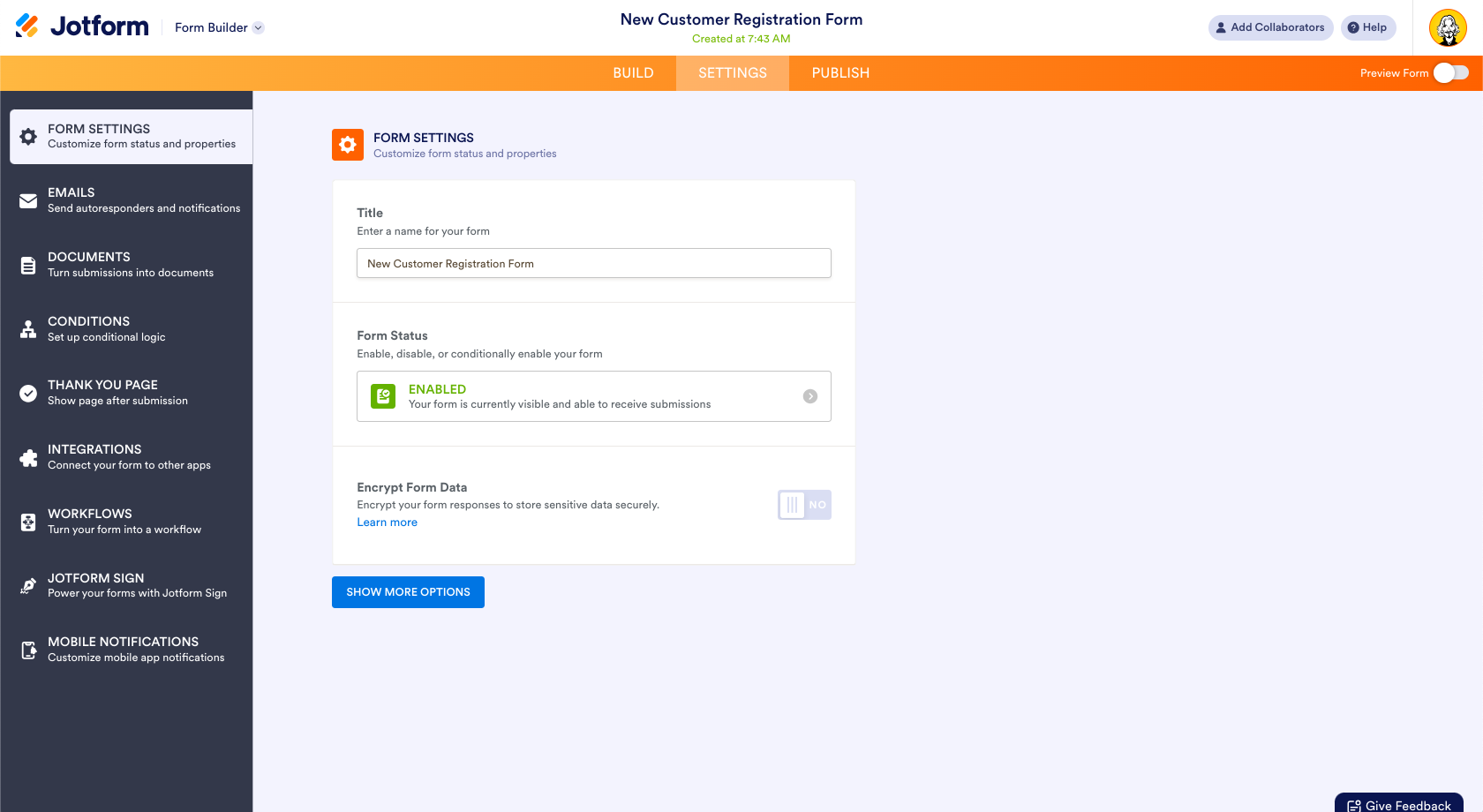 Form Builder Settings Tab Integrations Page