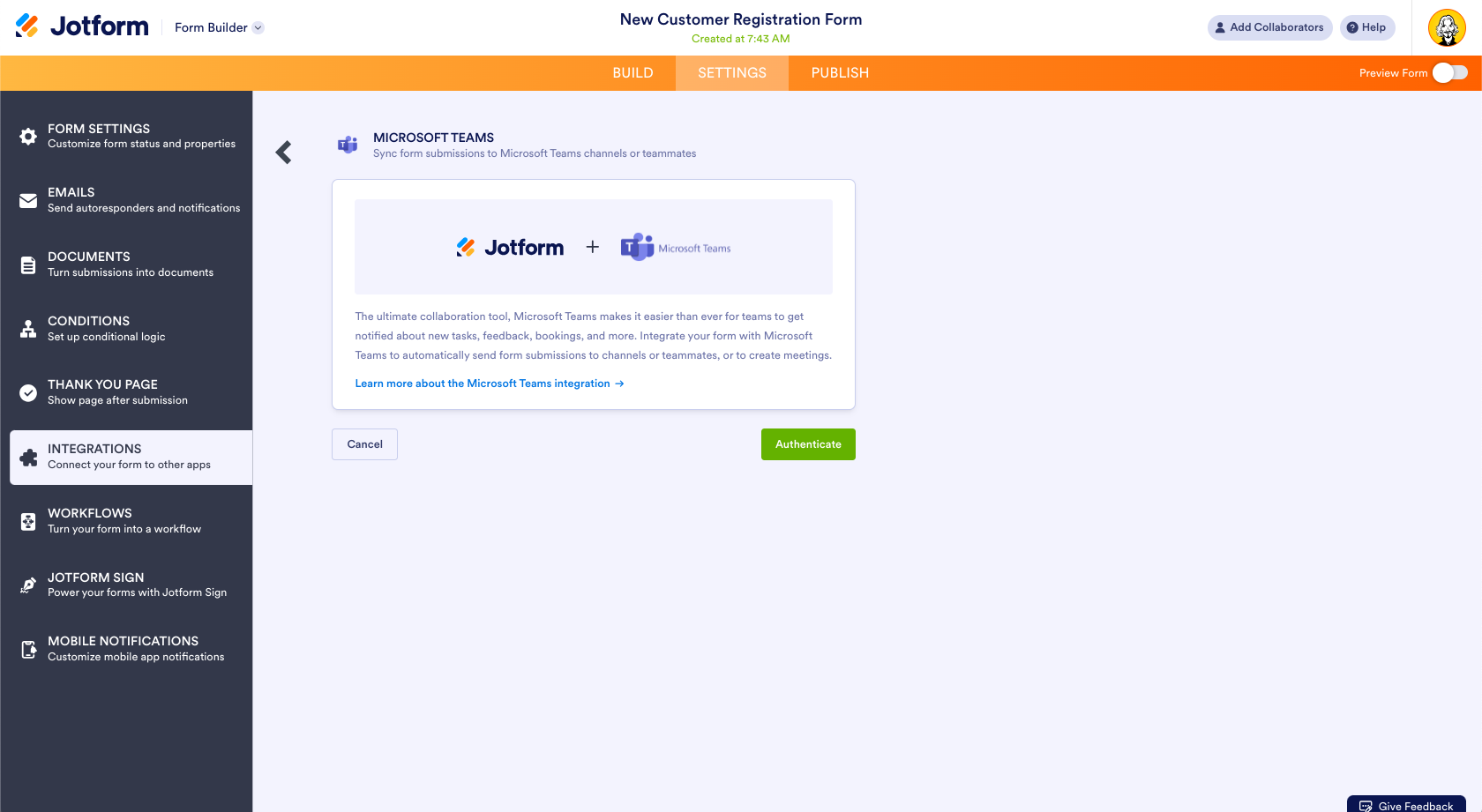Form Builder Microsoft Teams Integration Authenticate