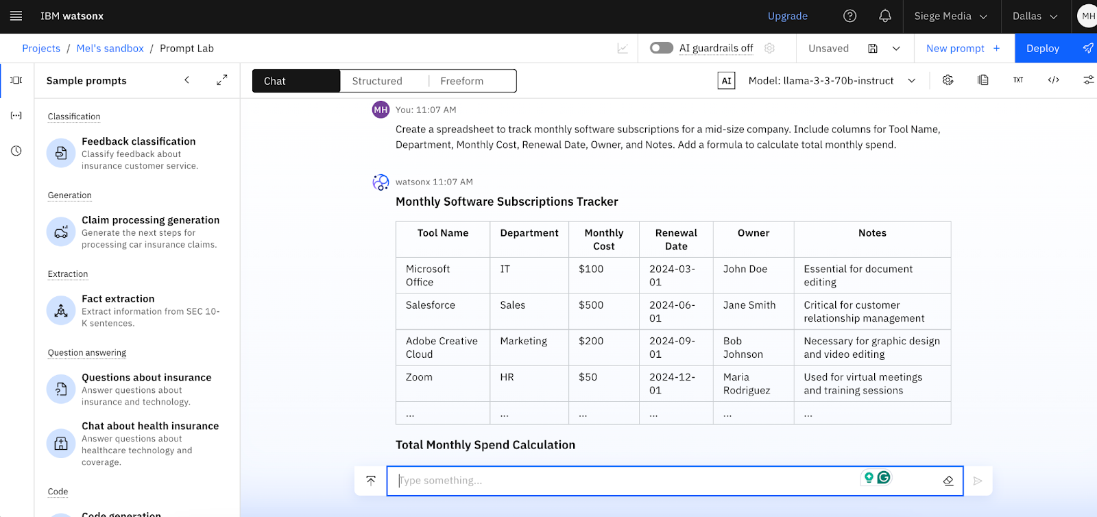 watsonx Menu