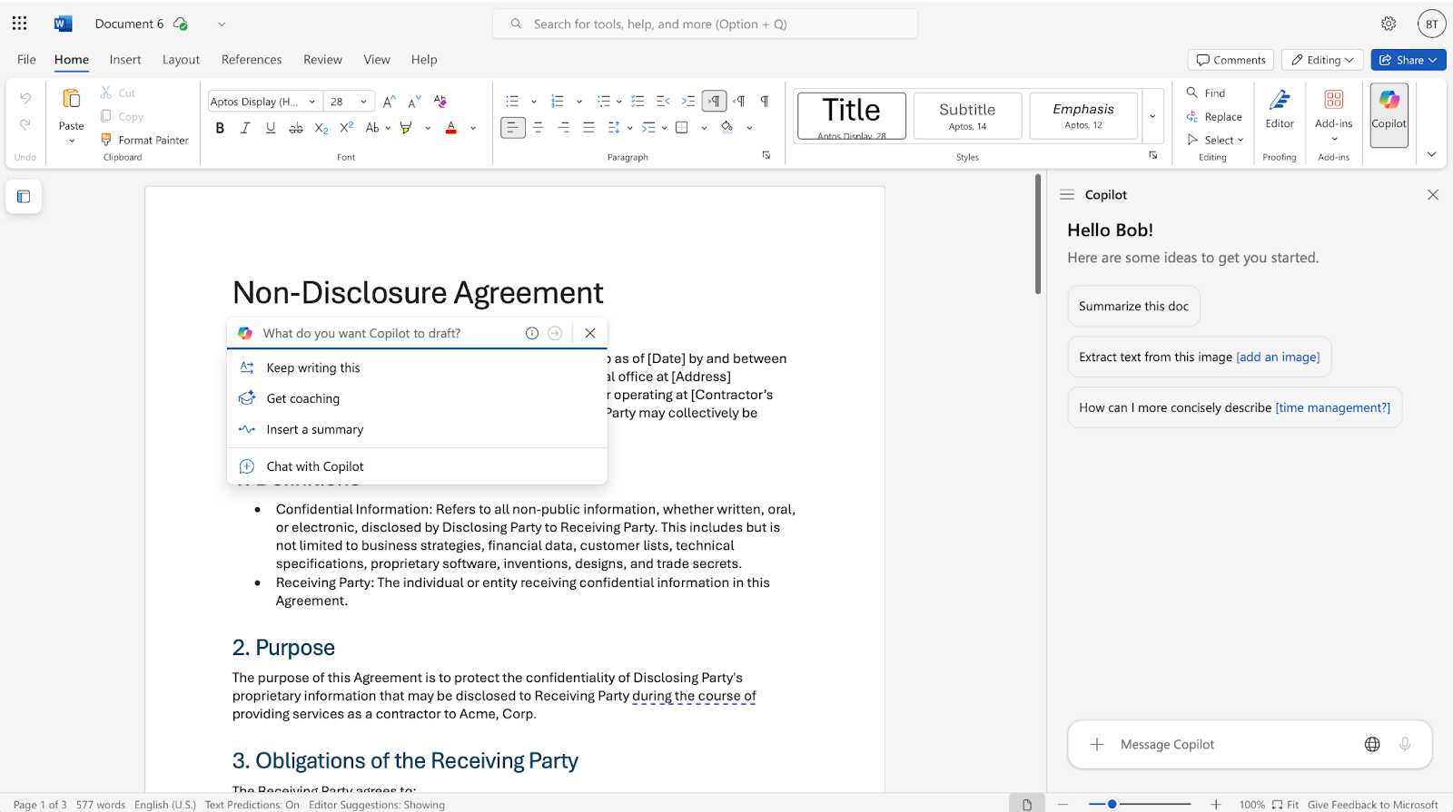 Microsoft Word interface showing a document and the Copilot pane with options such as "summarize this doc," "keep writing this," and "chat with Copilot"