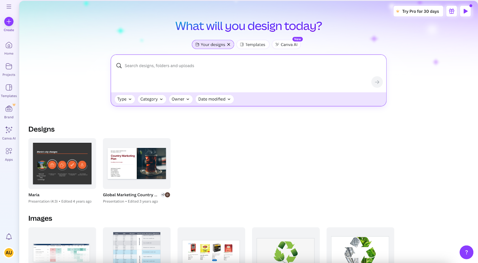 Canva Main Menu