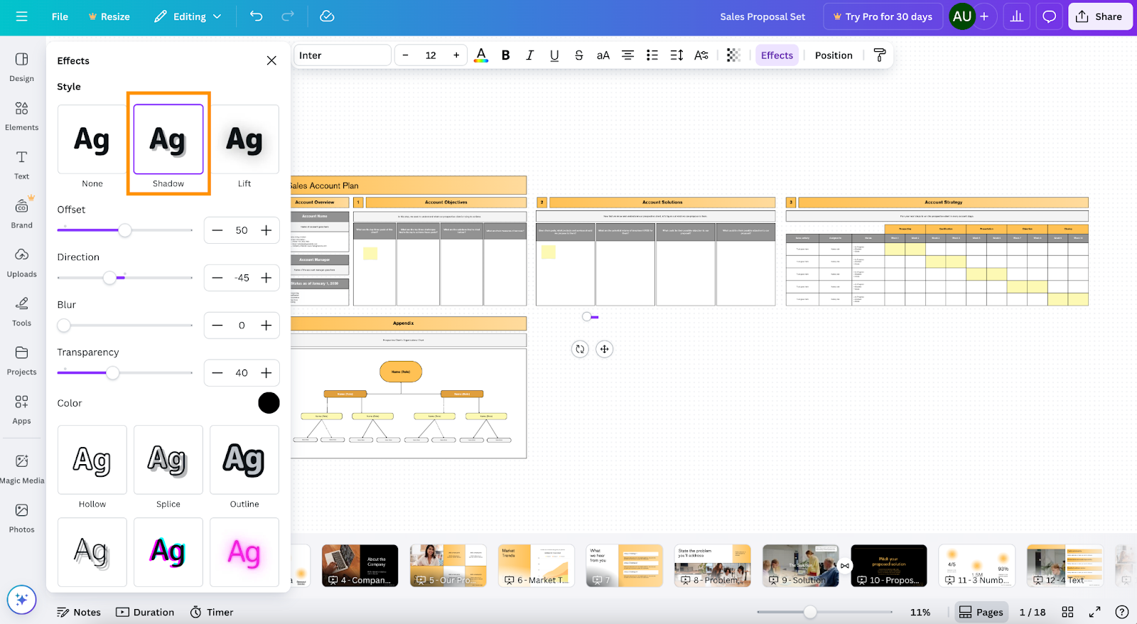 Canva Designer Effects Menu Shadow Option