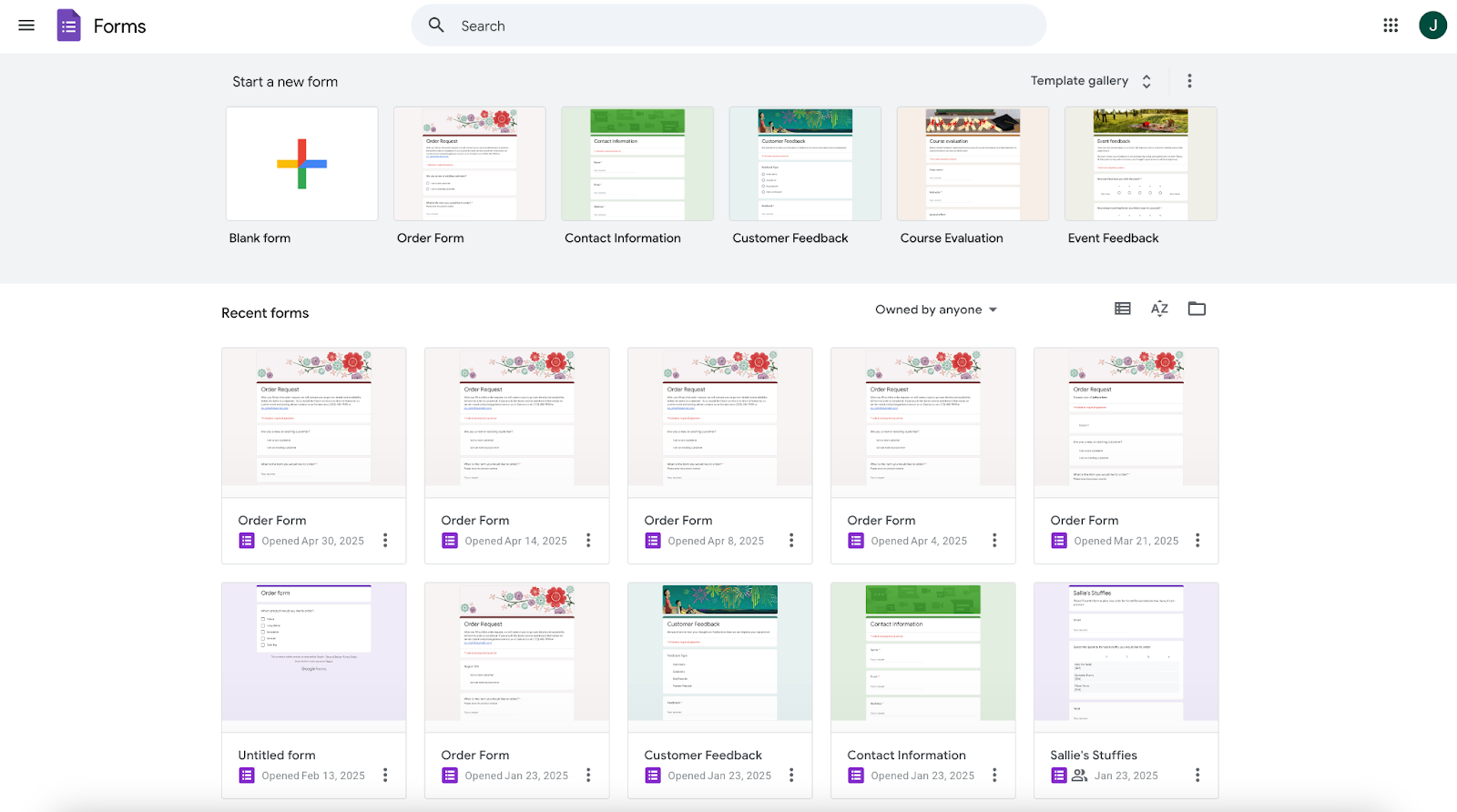 Google Forms Main Menu