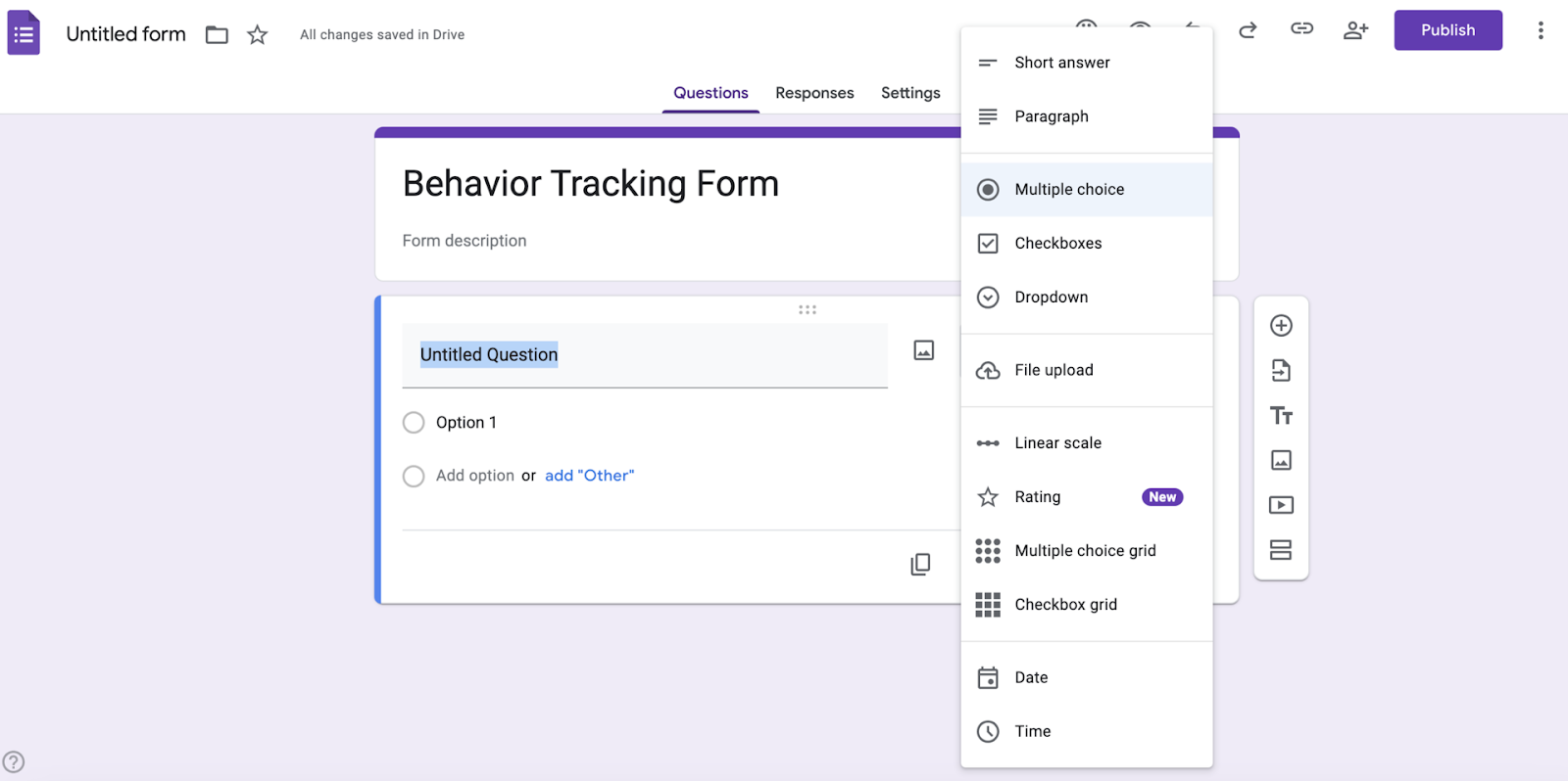 Google forms multiple choice selection to design your behavior-tracking form