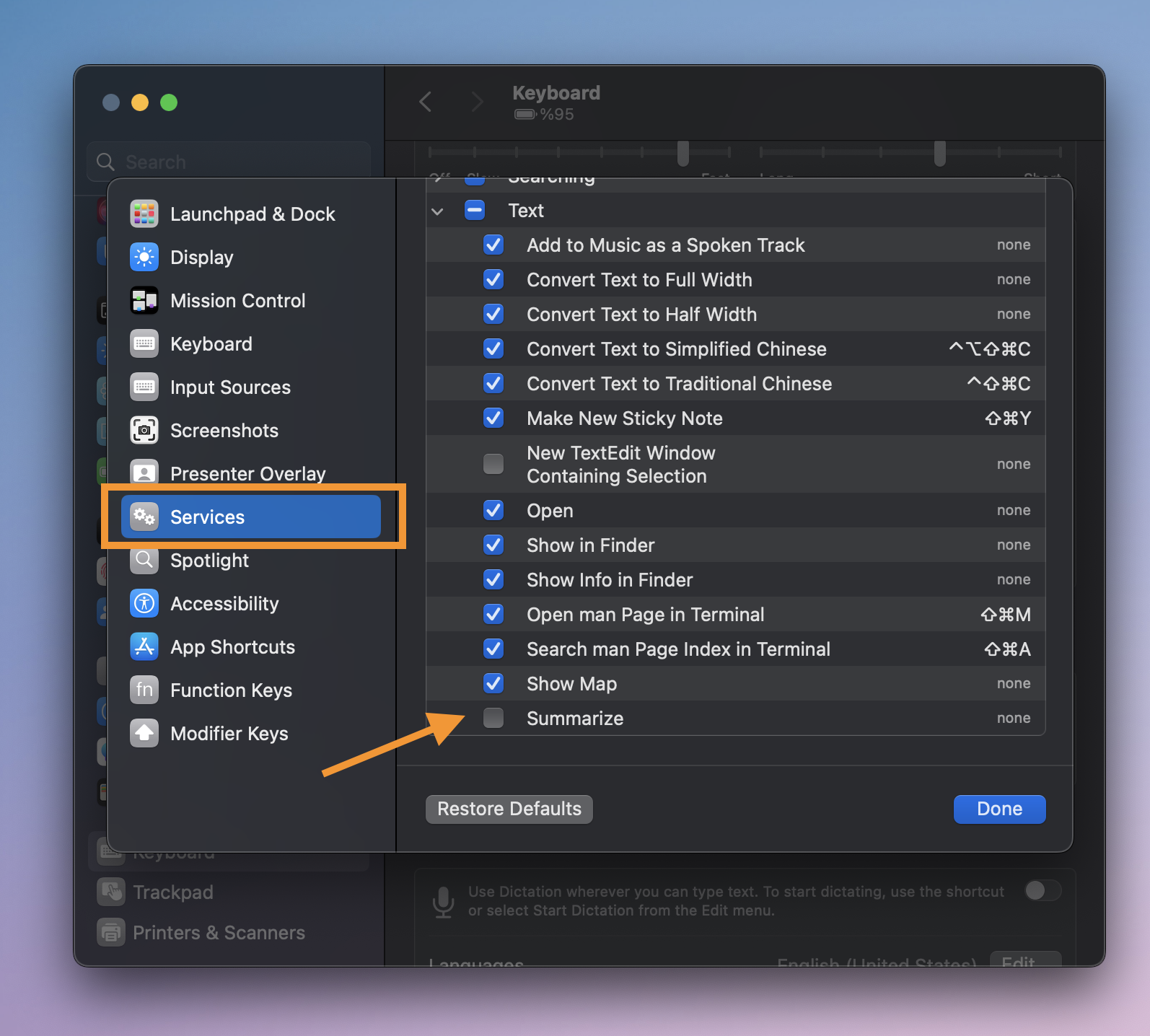Mac Keyboard Shortcuts Services Tab