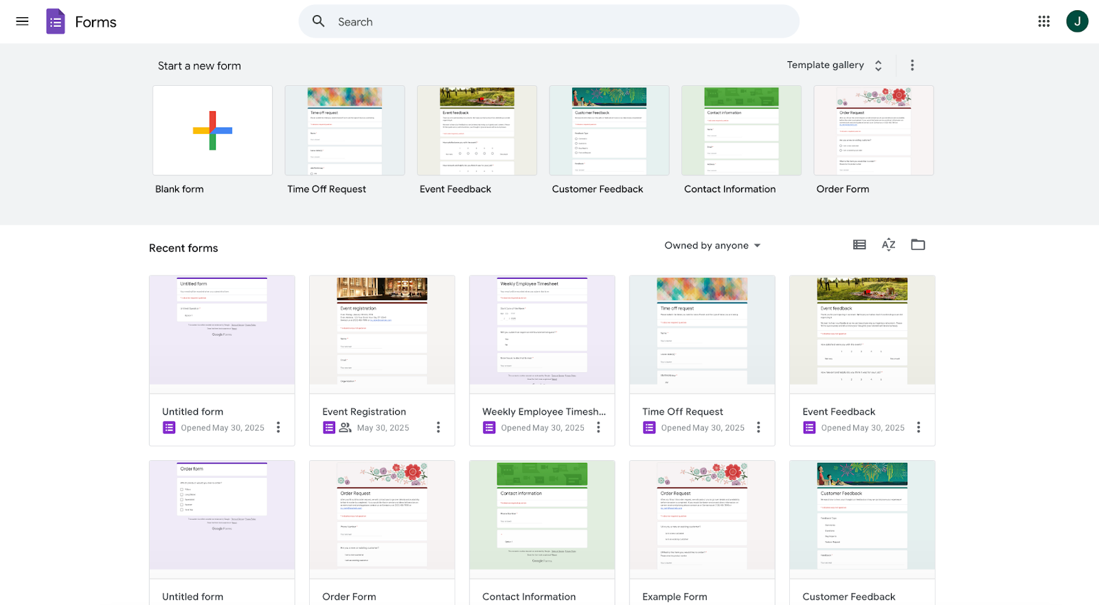 Google Forms Main Menu