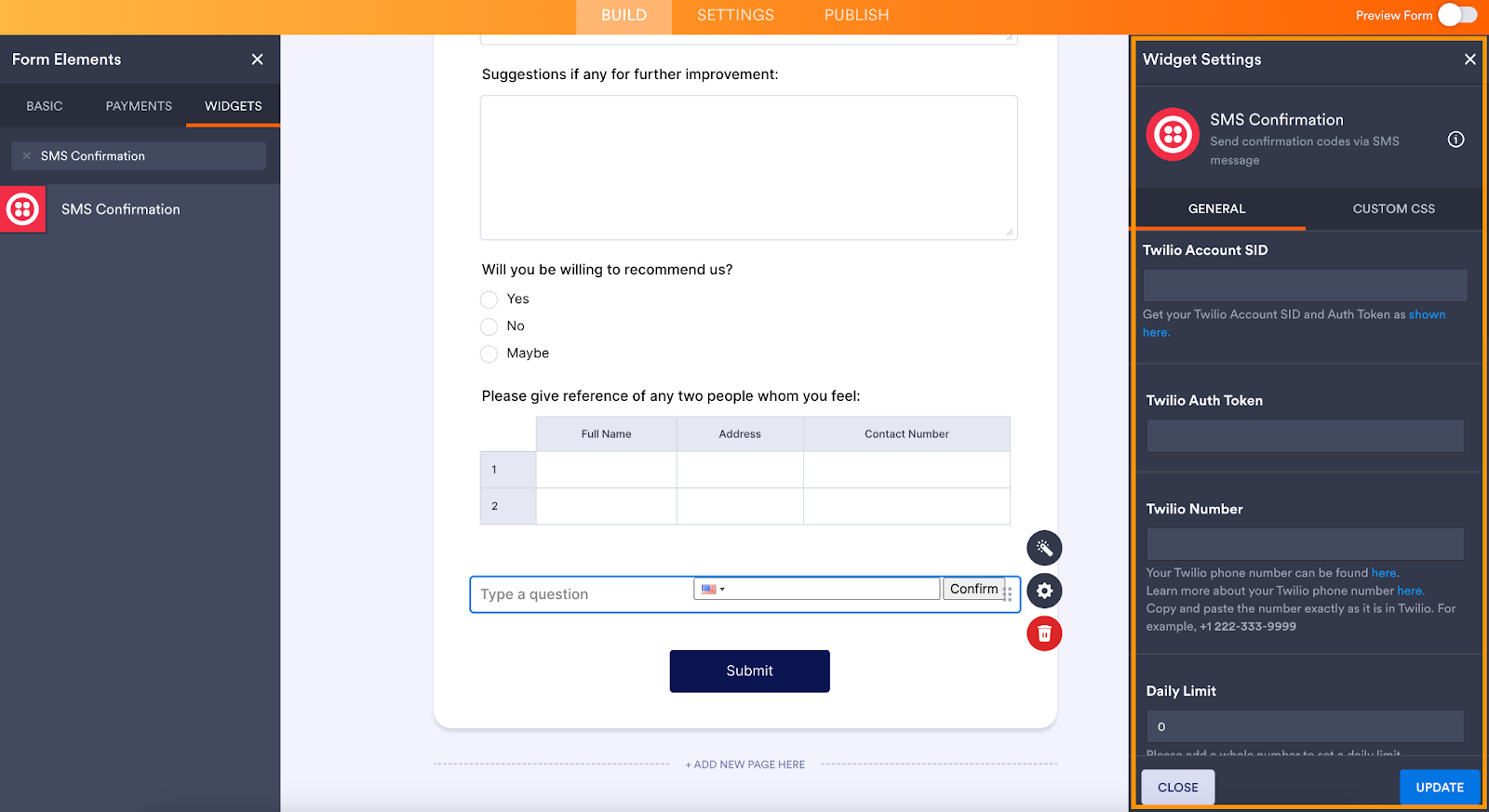 Form Builder SMS Confirmation Settings