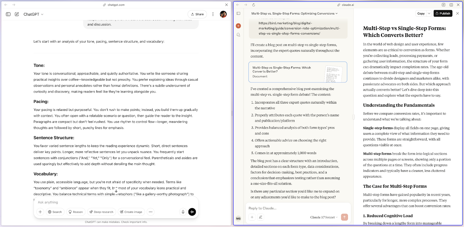 ChatGPT and Claude interfaces showing an AI-generated analysis of a piece of writing and an AI-generated blog post