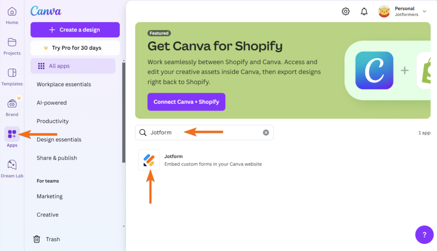 A screenshot of the Canva apps menu; arrows point to the apps button, search bar with "Jotform" entered, and the Jotform app icon