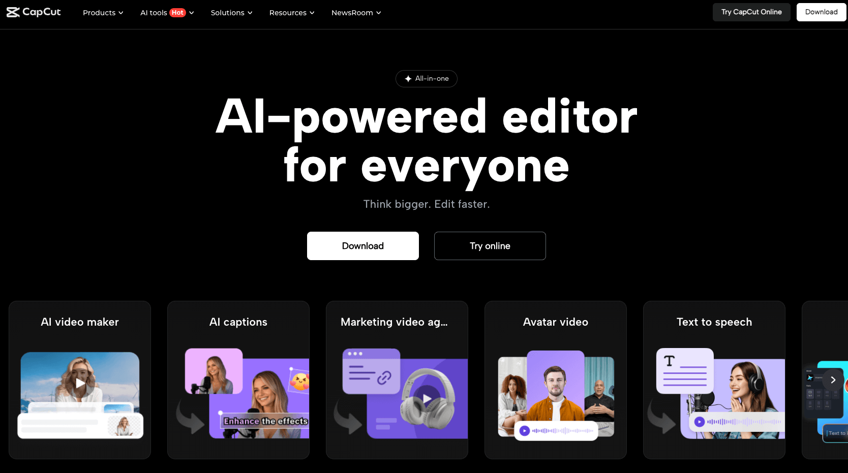 CapCut-Website-Homepage mit den Worten AI powered editor for everyone