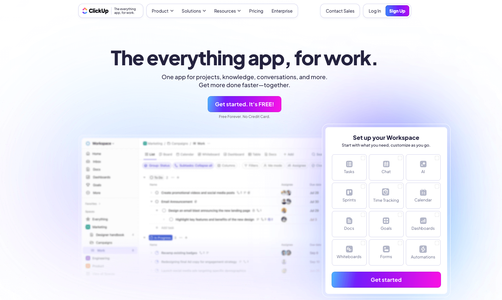 clickup website homepage screenshot with the words the everything app for work