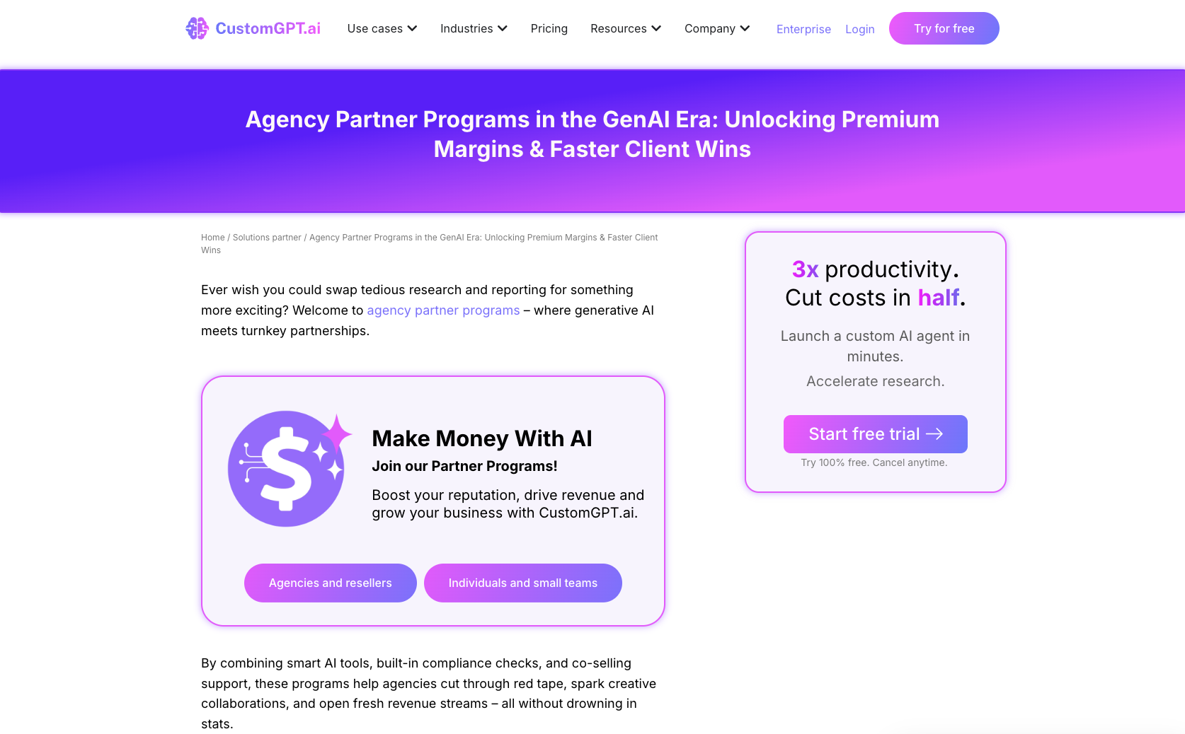 customgpt ai agency partner program landing page 