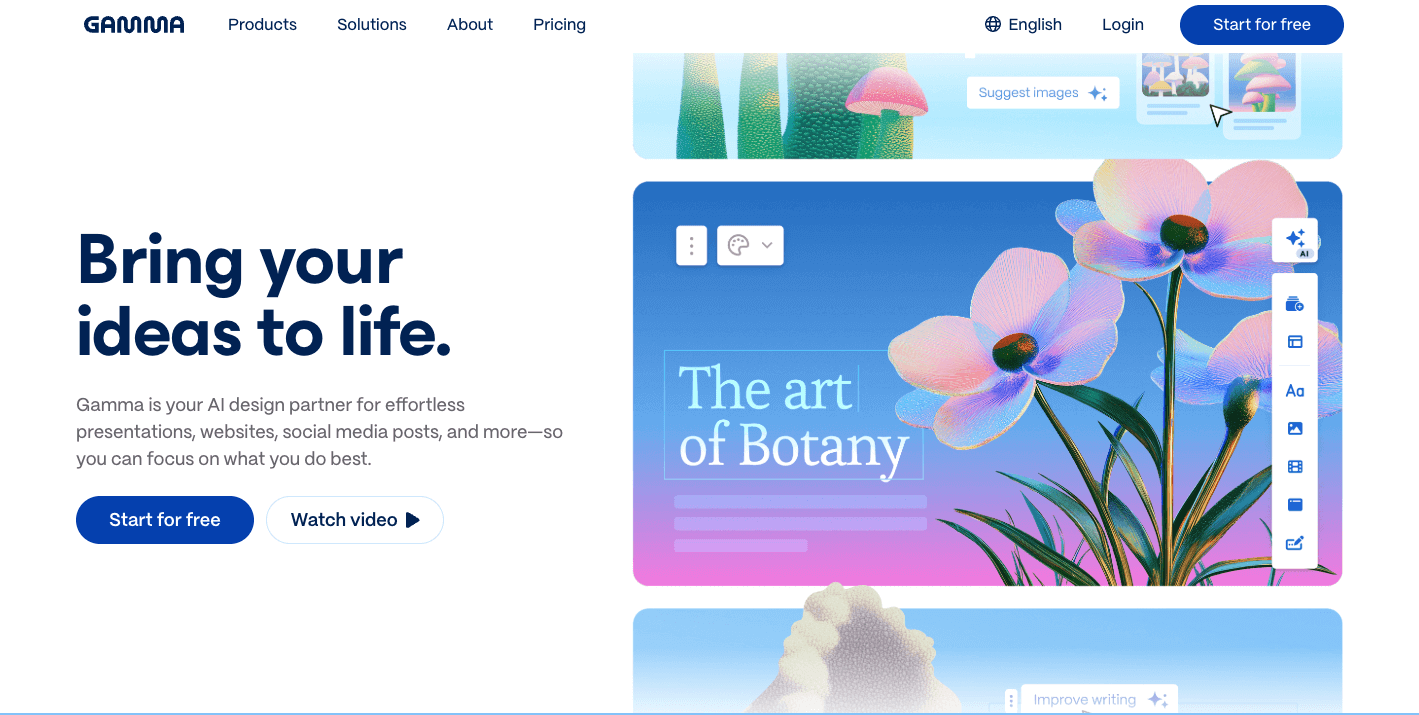 screenshot of Gamma app website homepage with the words bring your ideas to life