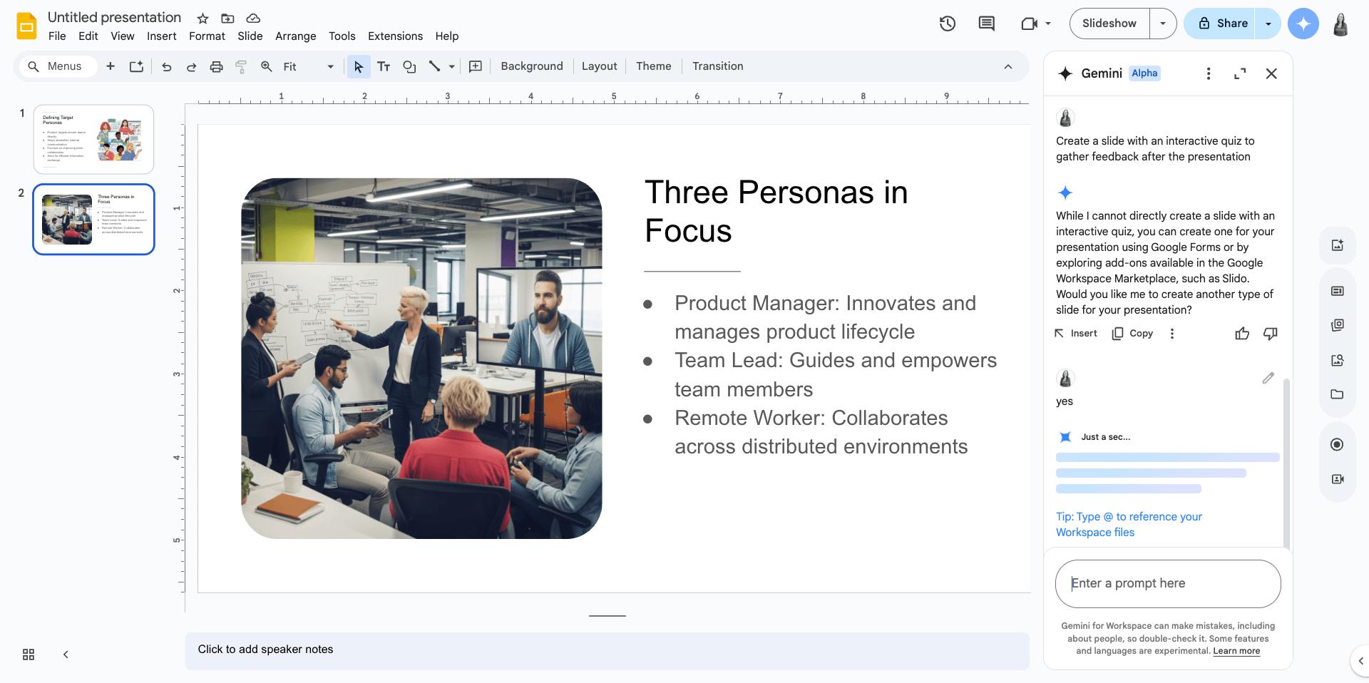 Google slides user interface using Gemini