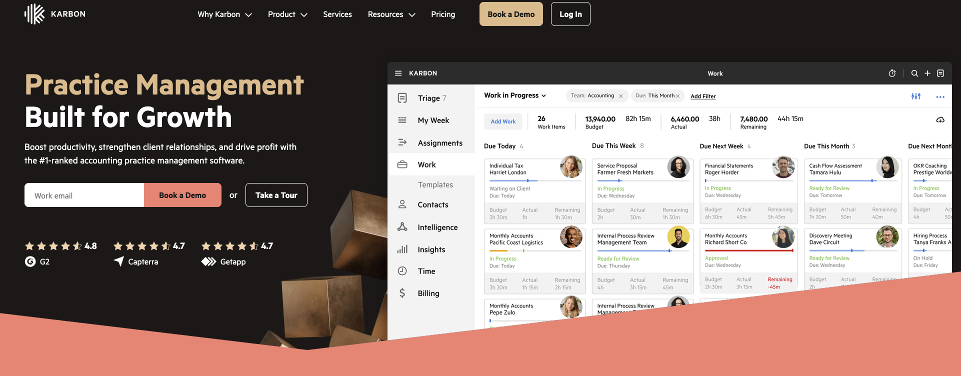 screenshot of karbon homepage practive management built for growth