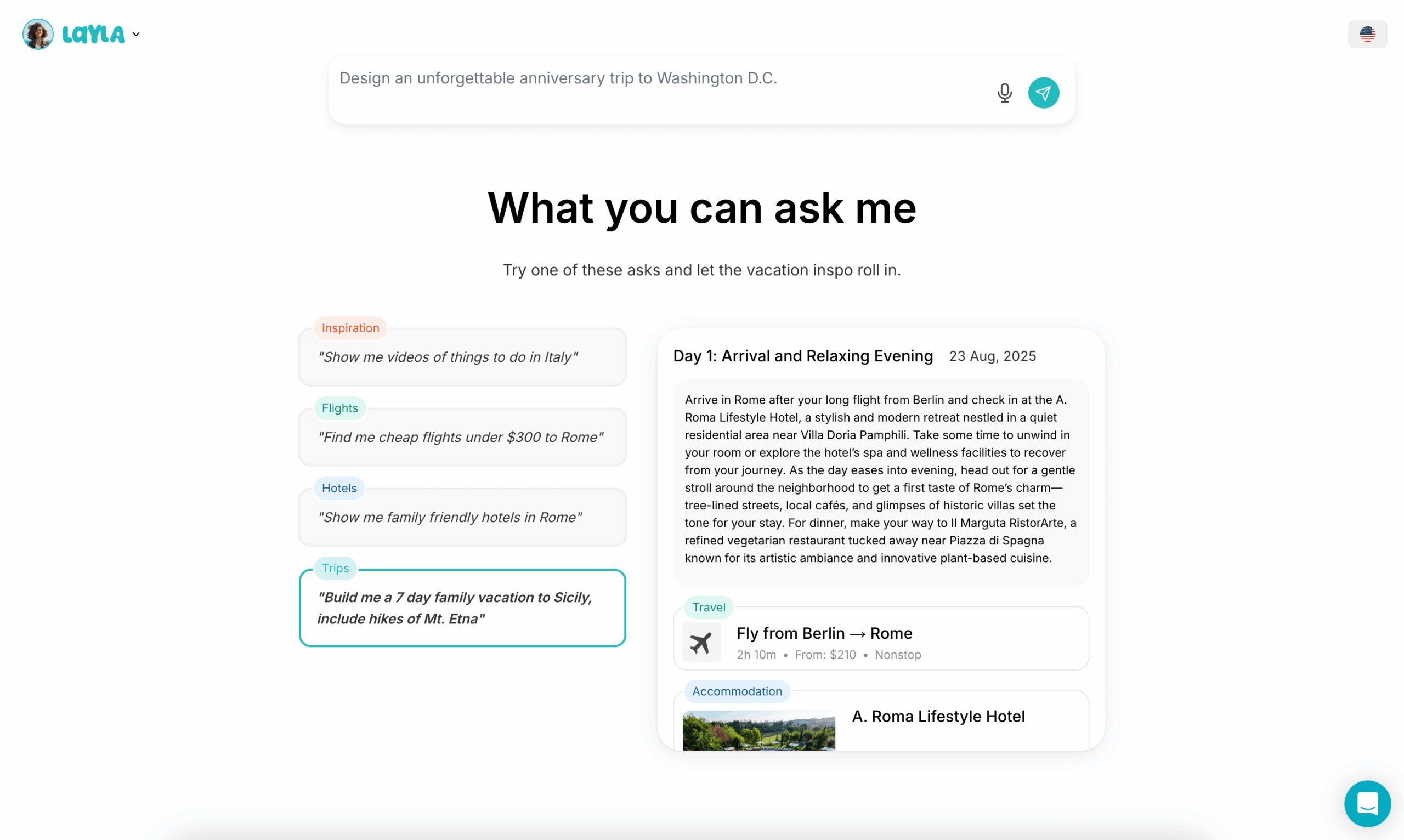 Layla AI itinerary planner tool interface 