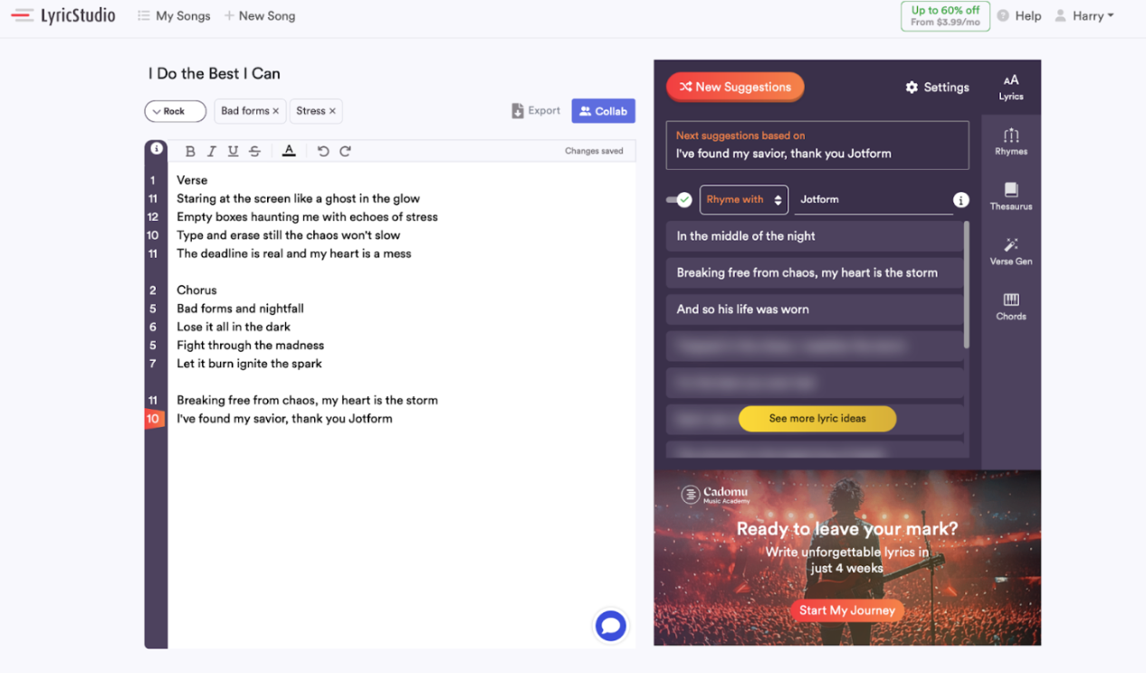 image of lyricstudio lyric generator's user interface