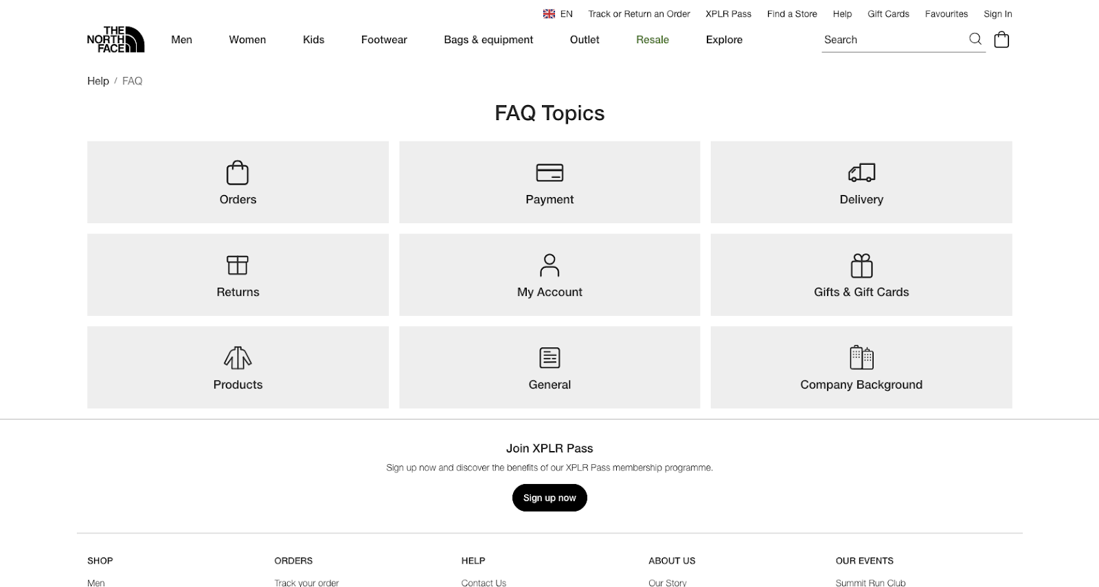 Screenshot of The North Face's FAQs page