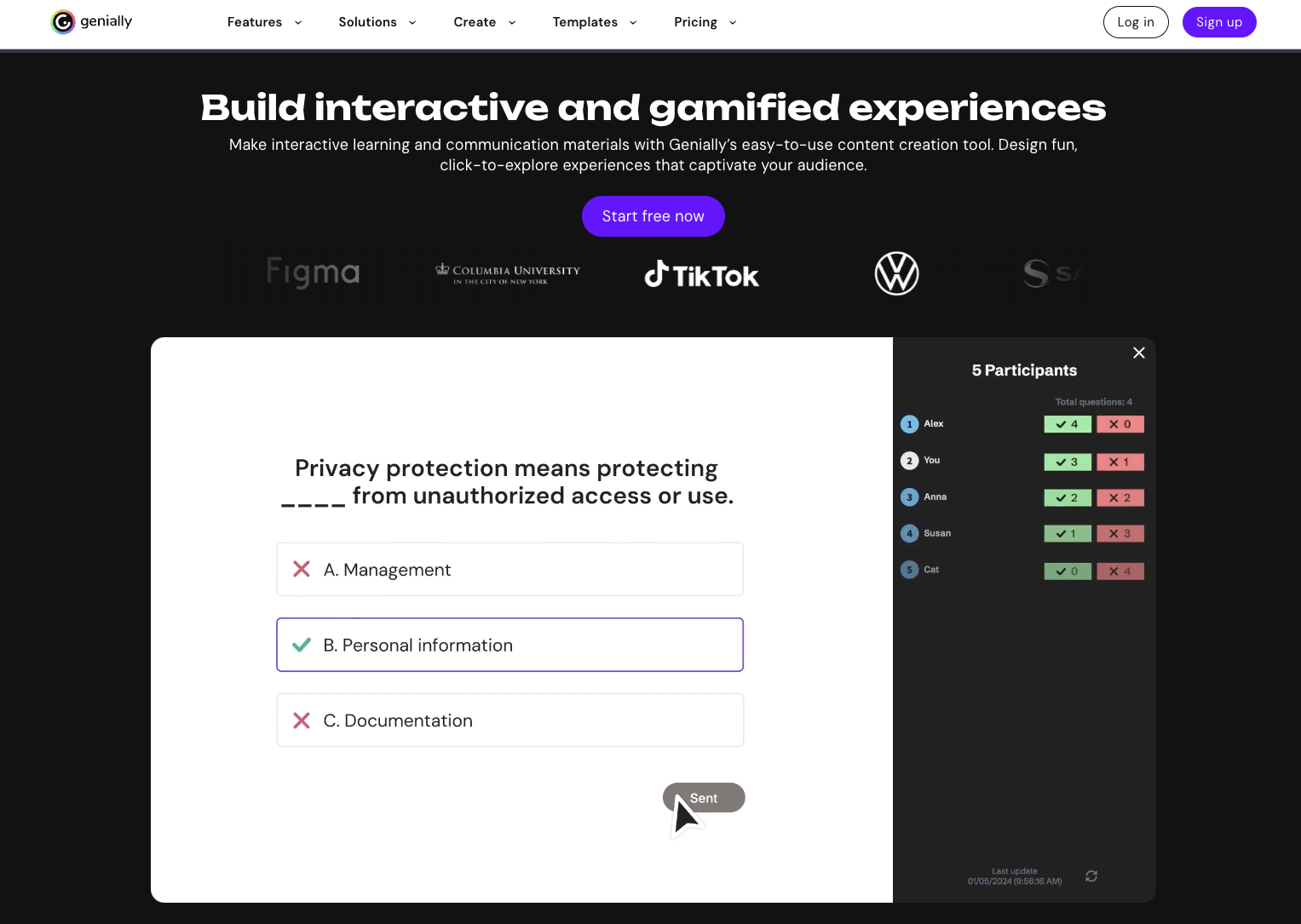 screenshot of genially website homepage with the words build interactive and gamified experiences