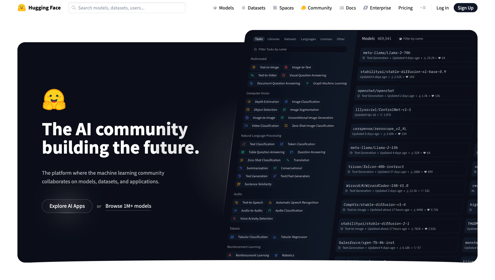 Bild der Huggingface-Website-Homepage mit den Worten the AI community building the future