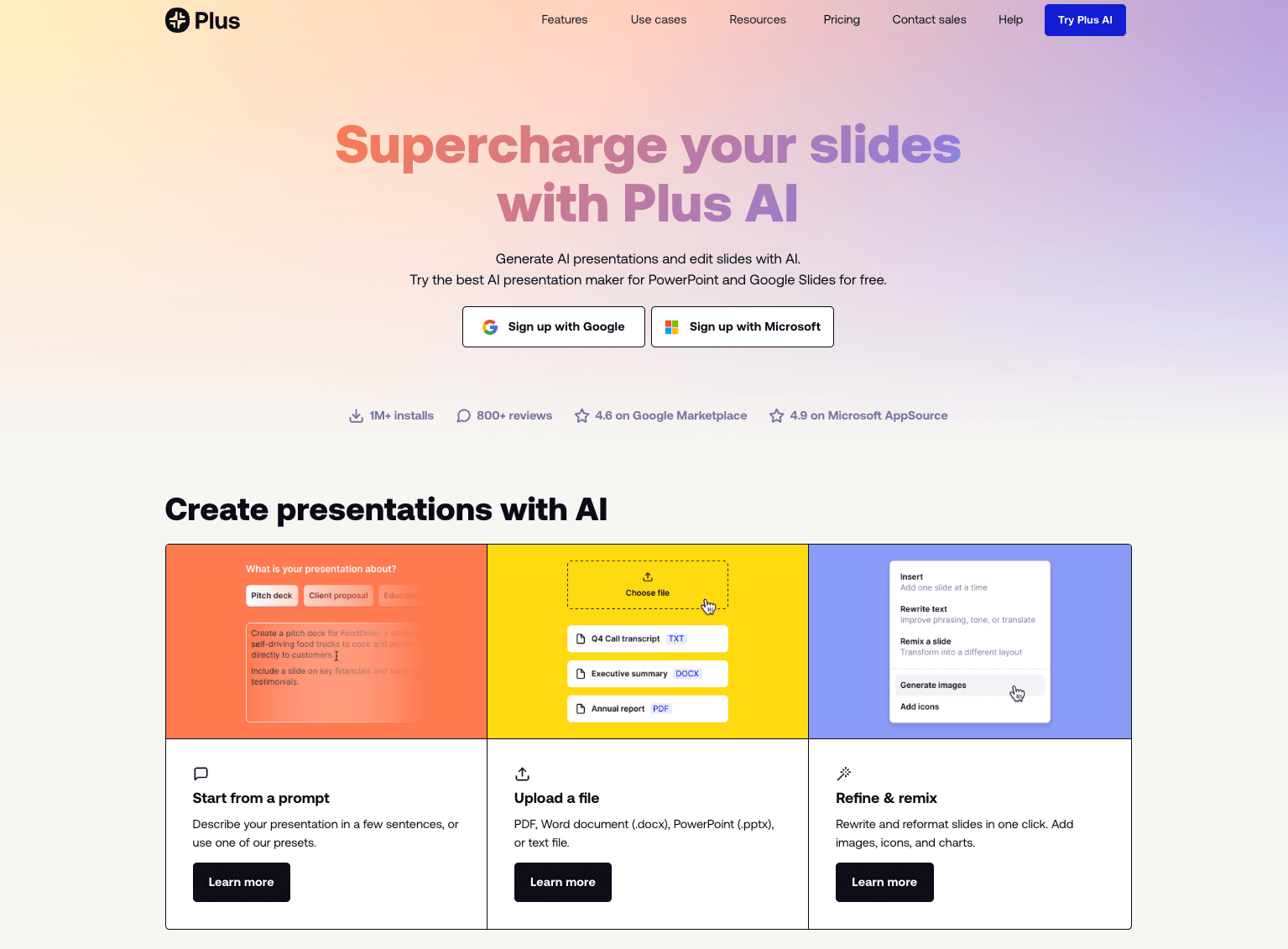 Plus AI website homepage with the words supercharge your slides with Plus AI