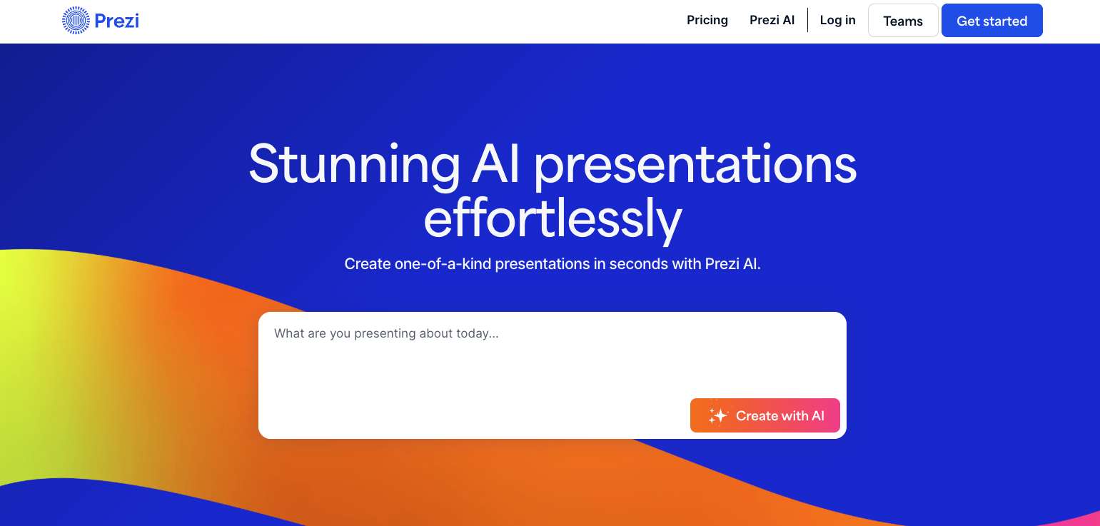 screenshot of Prezi AI website homepage with the words stunning AI presentations effortlessly