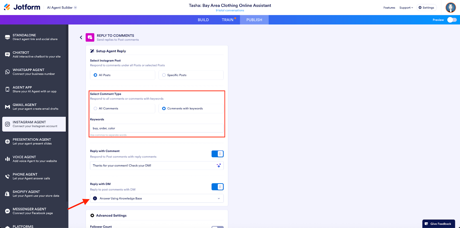Highlighting the Select Comment Type option and viewing the Reply with DM option on the Reply to Comments page
