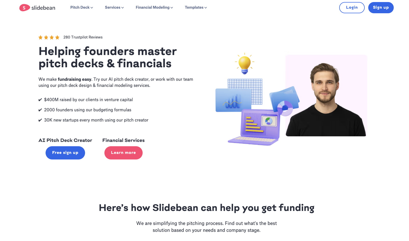 screenshot of slidebean website with the words helping founders master pitch decks and financials