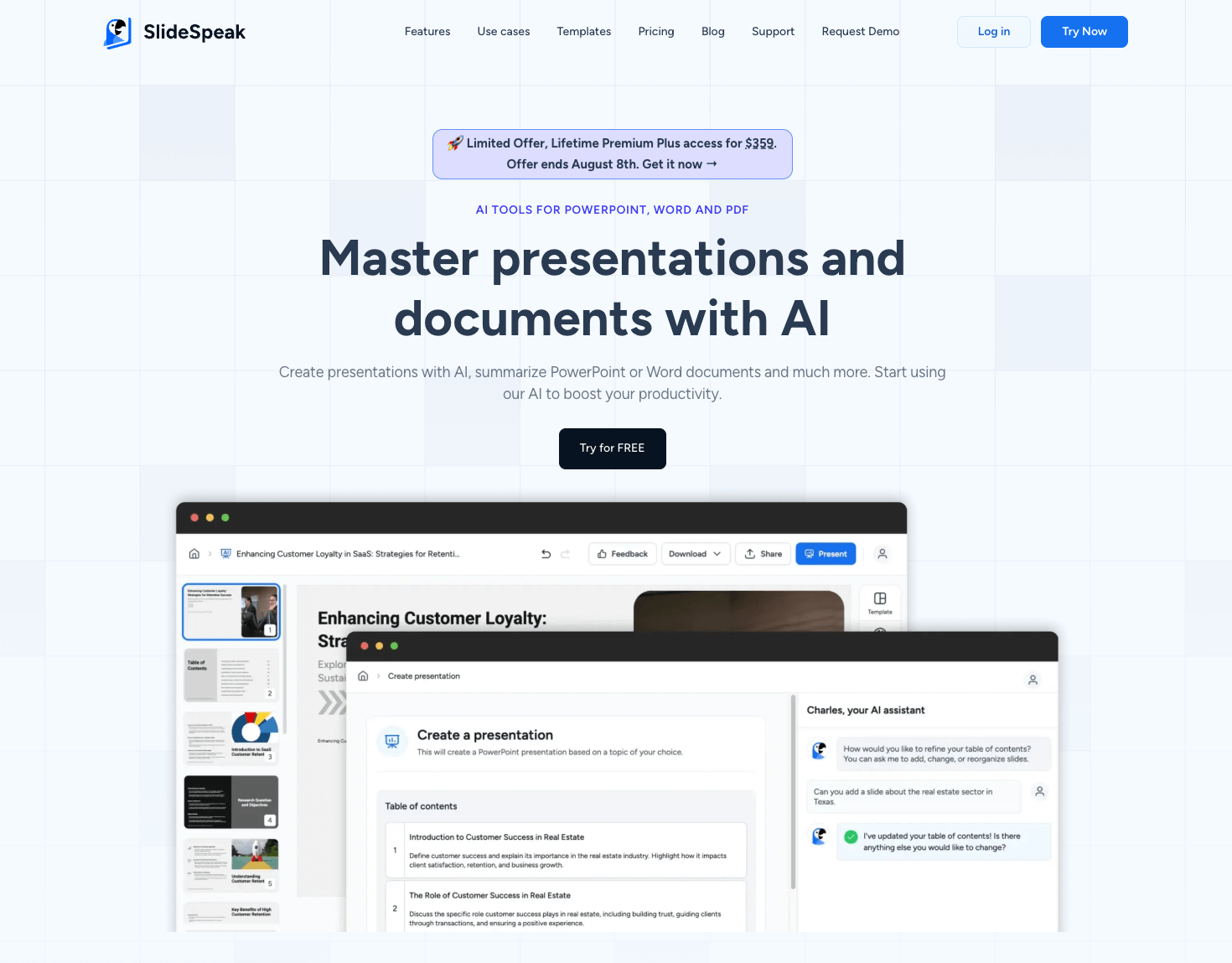 slidespeak website homepage with the words master presentations and documents with AI
