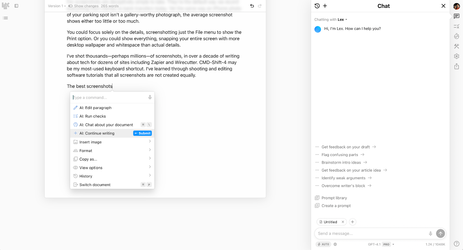 Lex interface showing a half-finished article and various prompts such as "edit paragraph," "run checks," and "continue writing"