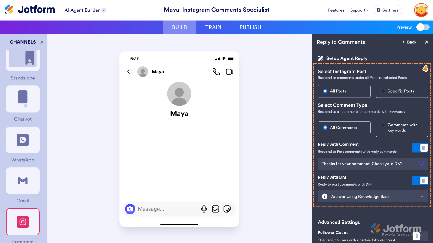 Setting up Agent Reply options in Jotform AI Agent Builder—choose Instagram posts, comment types, and reply with comment or DM