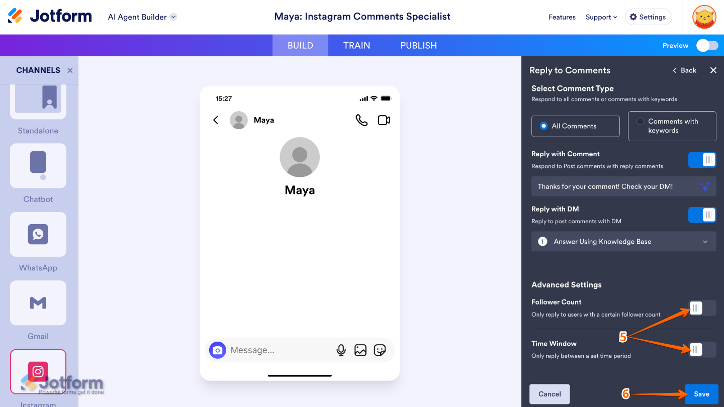 Advanced Settings in AI Agent Builder showing Follower Count and Time Window options for customizing Instagram Agent replies
