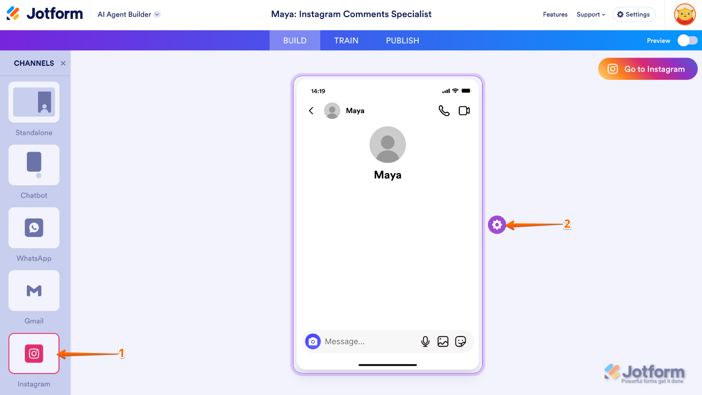 AI Agent Builder Instagram setup guide — open the Channels menu, click Instagram icon, then use the Gear icon in the Example Instagram DM box to configure settings