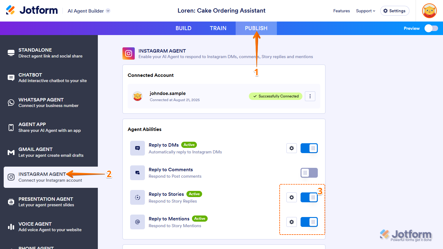 Reply to Stories and Reply to Mentions Agent Abilities in the Instagram Agent section  of the Publish tab in Jotform AI Agent Builder