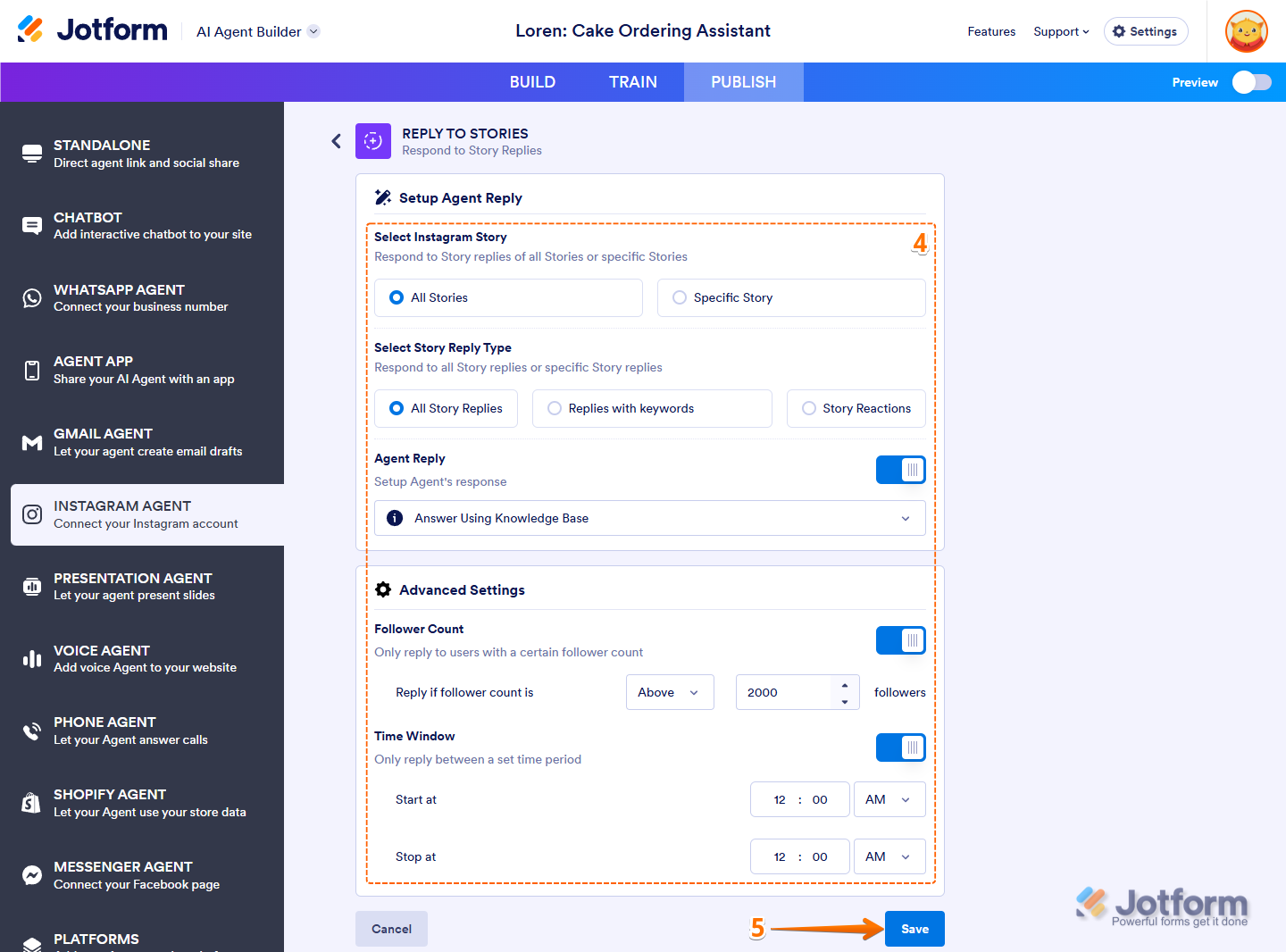 Different Instagram Agent Ability settings of the Setup Agent Reply section in the Instagram Agent tab of the Publish tab in Jotform AI Agent Builder