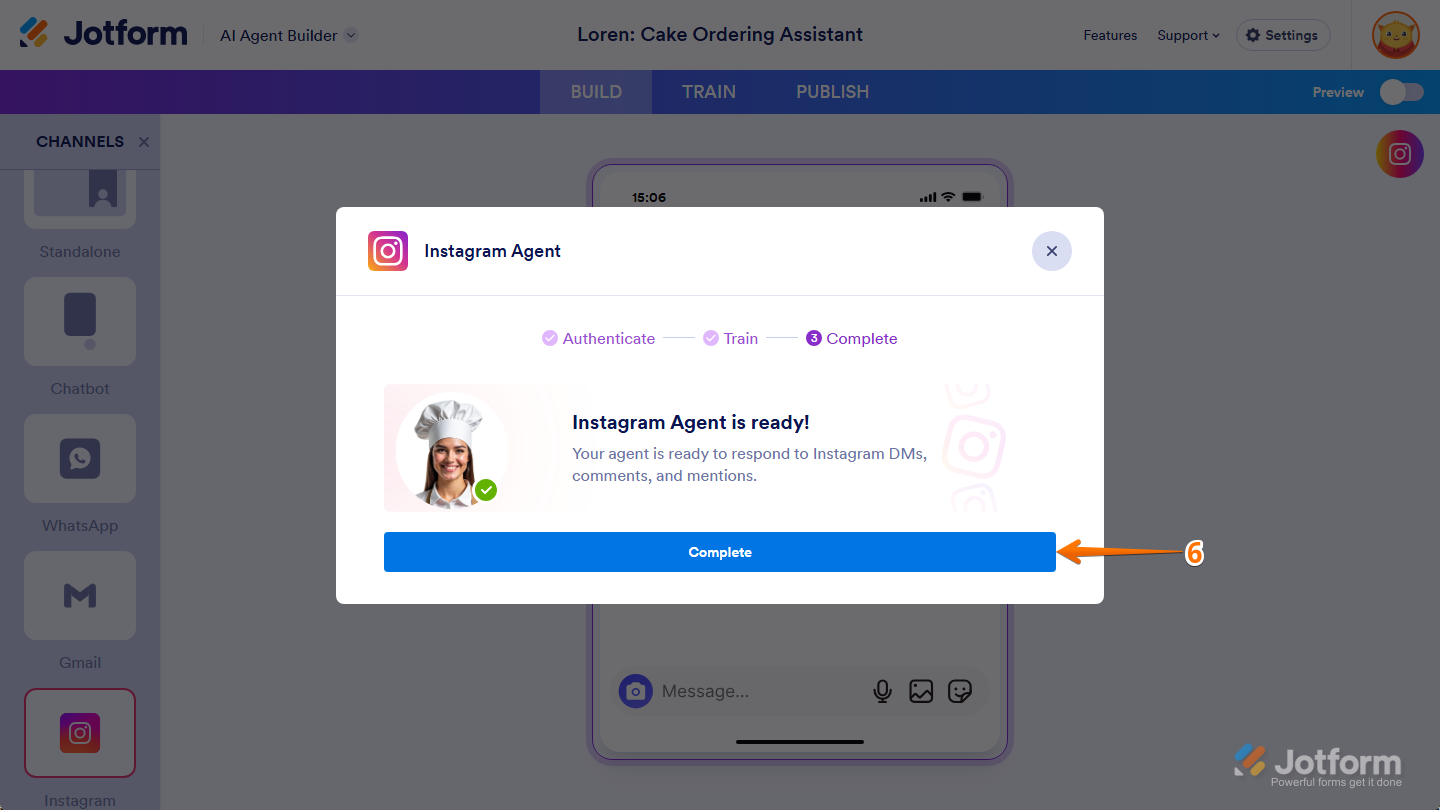 Complete button in the Instagram Agent window of the Build tab of Jotform AI Agent Builder