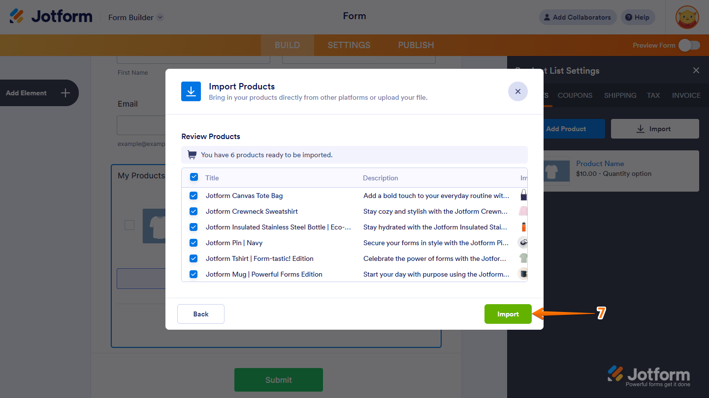 Import Button in the Import Products window in Jotform Form Builder