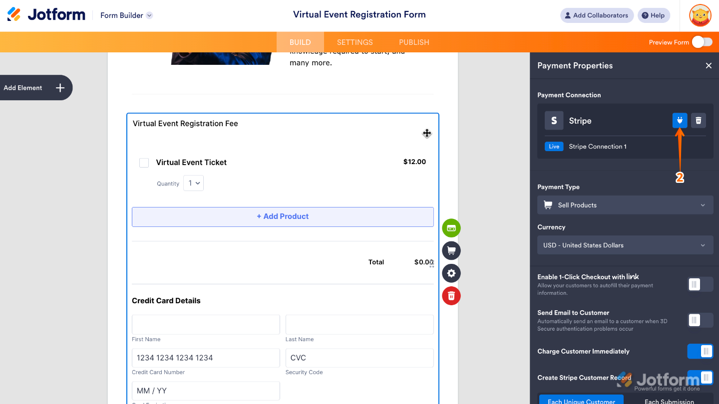 Payment Properties menu on the right side of Form Builder with the Plug icon highlighted for payment settings