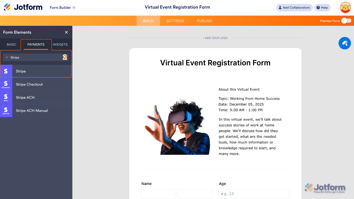 Form Elements menu open on the Payments tab, showing options like Stripe to add as a payment gateway