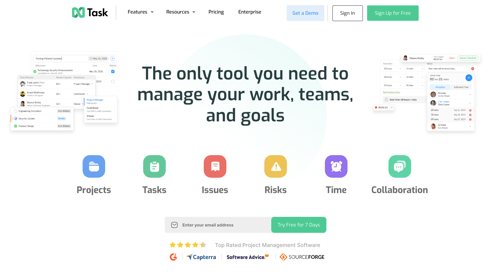 screenshot of Task website homepage with the words the only tool you need to manage your work, teams, and goals
