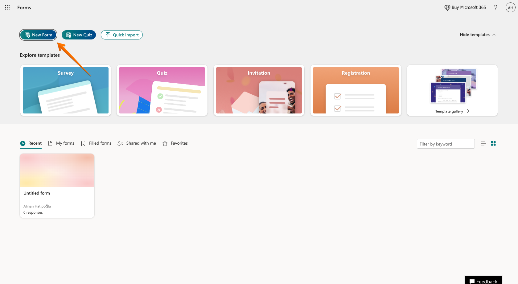 Microsoft Forms New Form Button