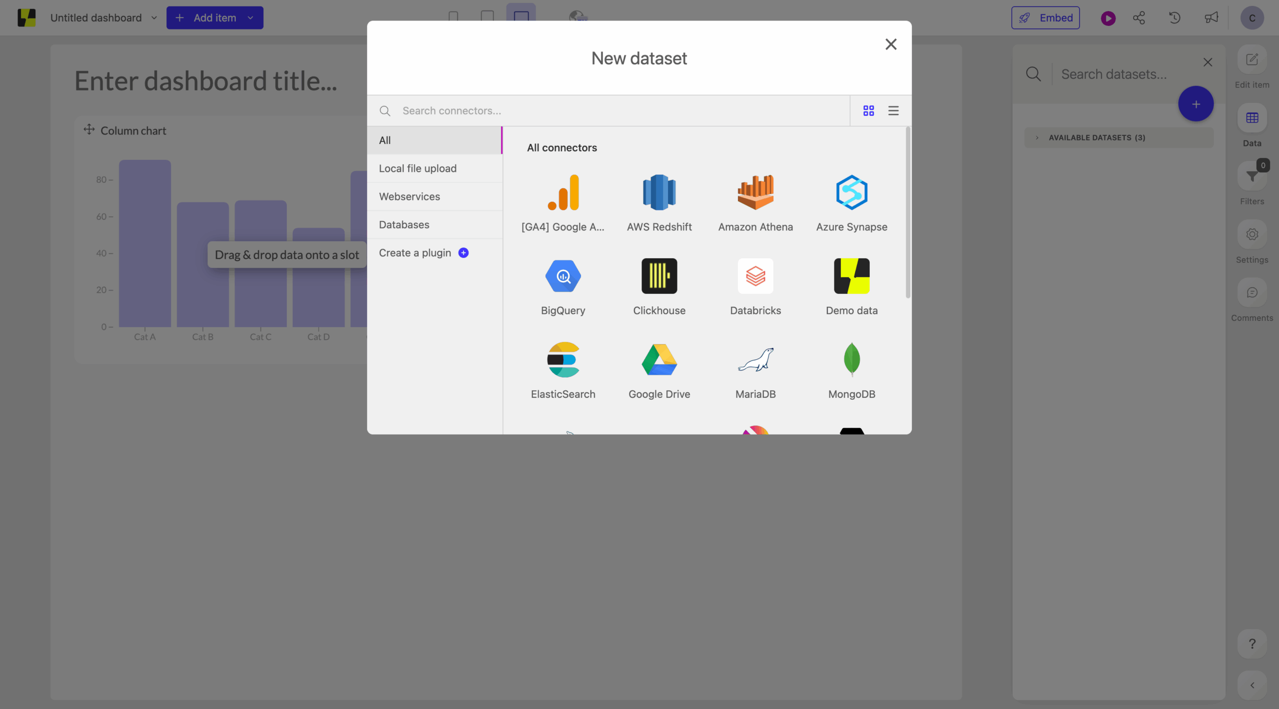 Luzmo New Dataset Selection Menu