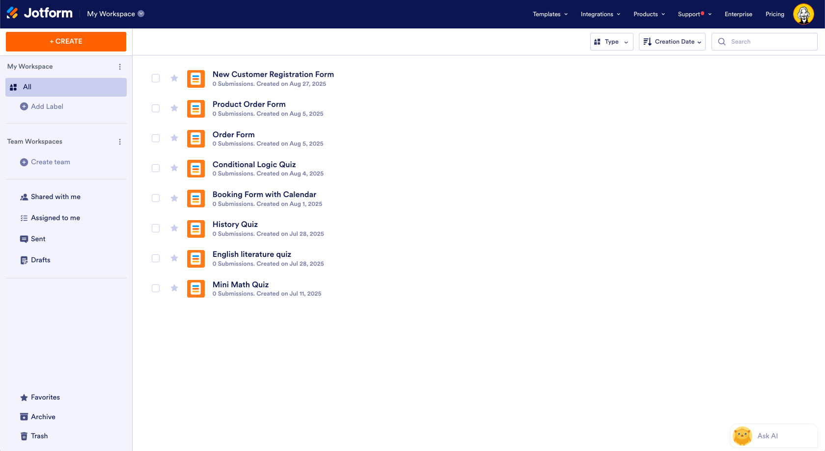 Jotform My Workspace Page