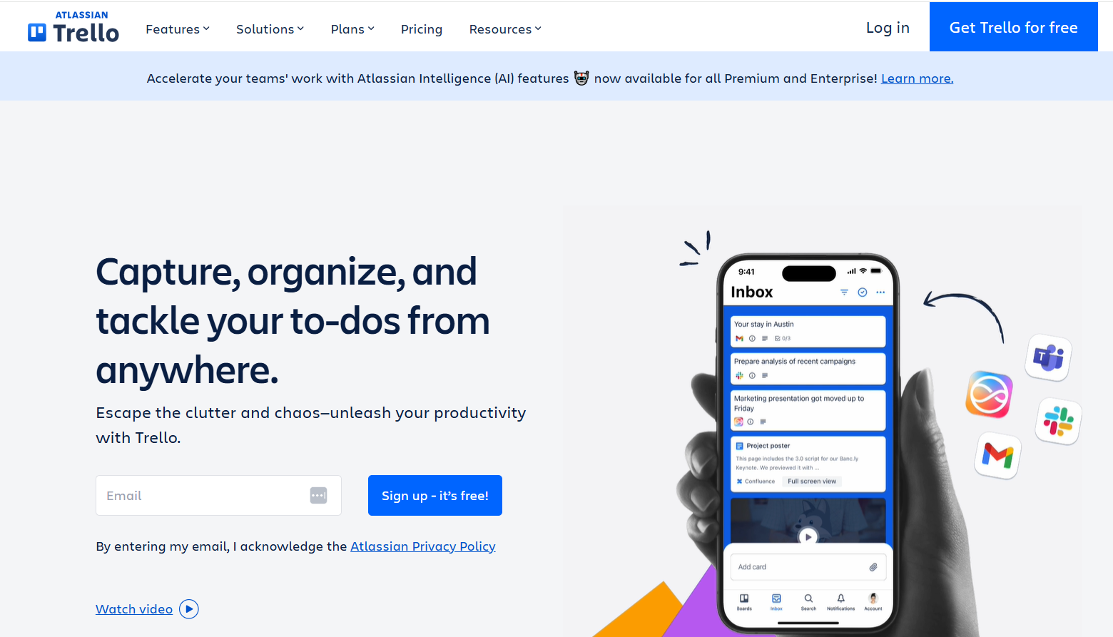 screenshot of trello by atlassian website homepage with the words capture, organize, and tackle your to dos from anywhere