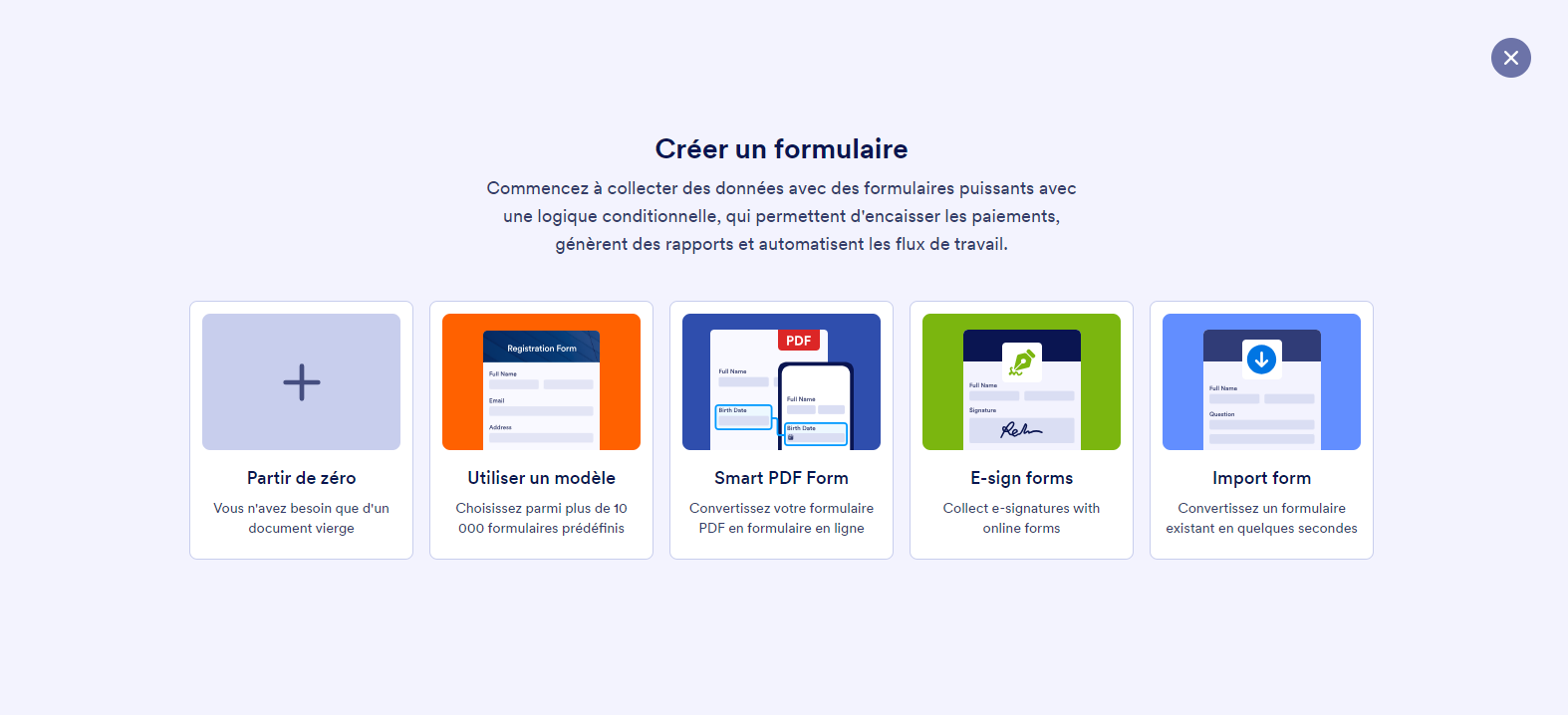 Options pour créer un formulaire à partir d'un modèle ou en partant de zéro dans Jotform